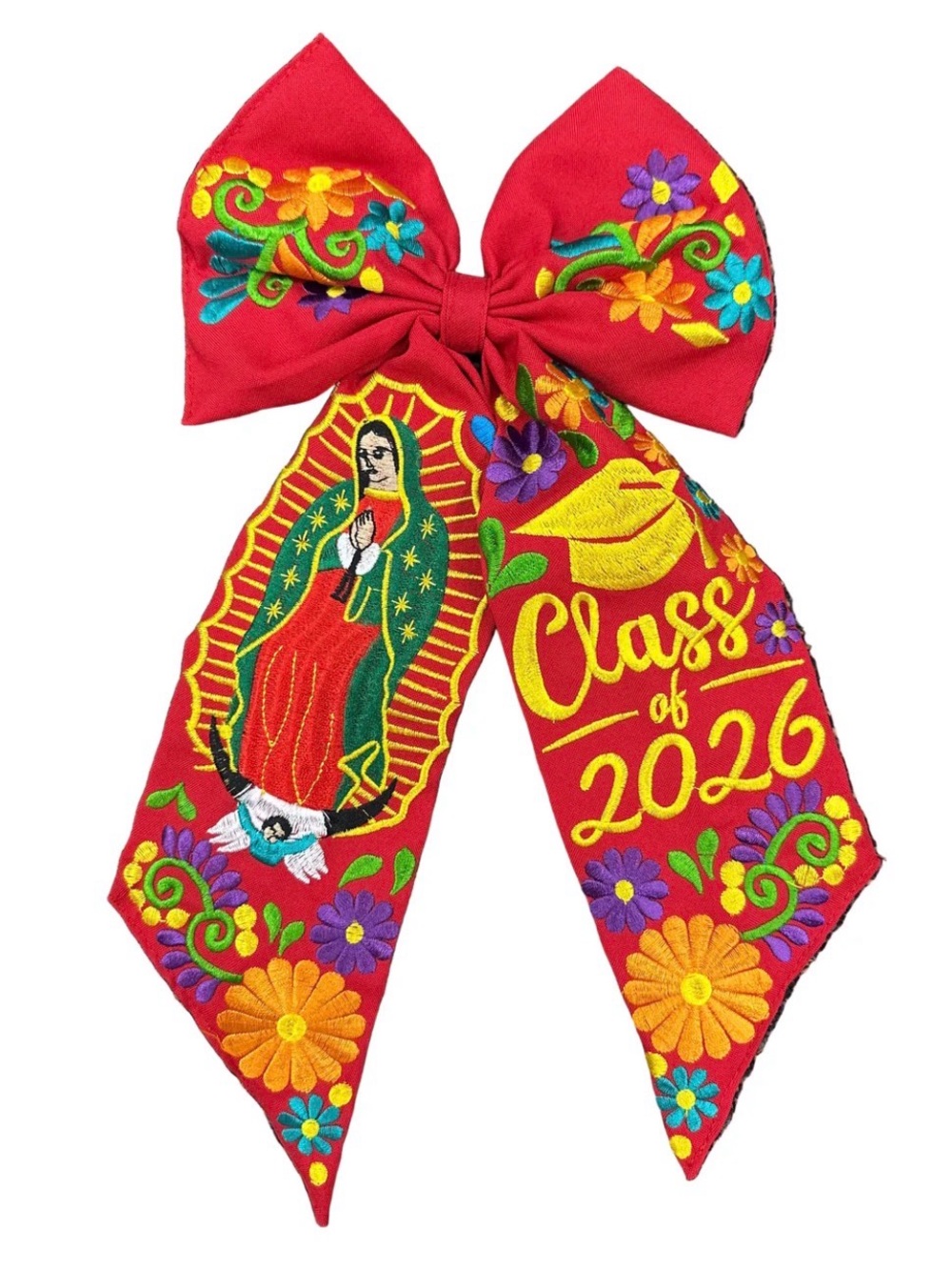 Virgen de Guadalupe Embroidered Red Graduation Bow - "Class of 2026"